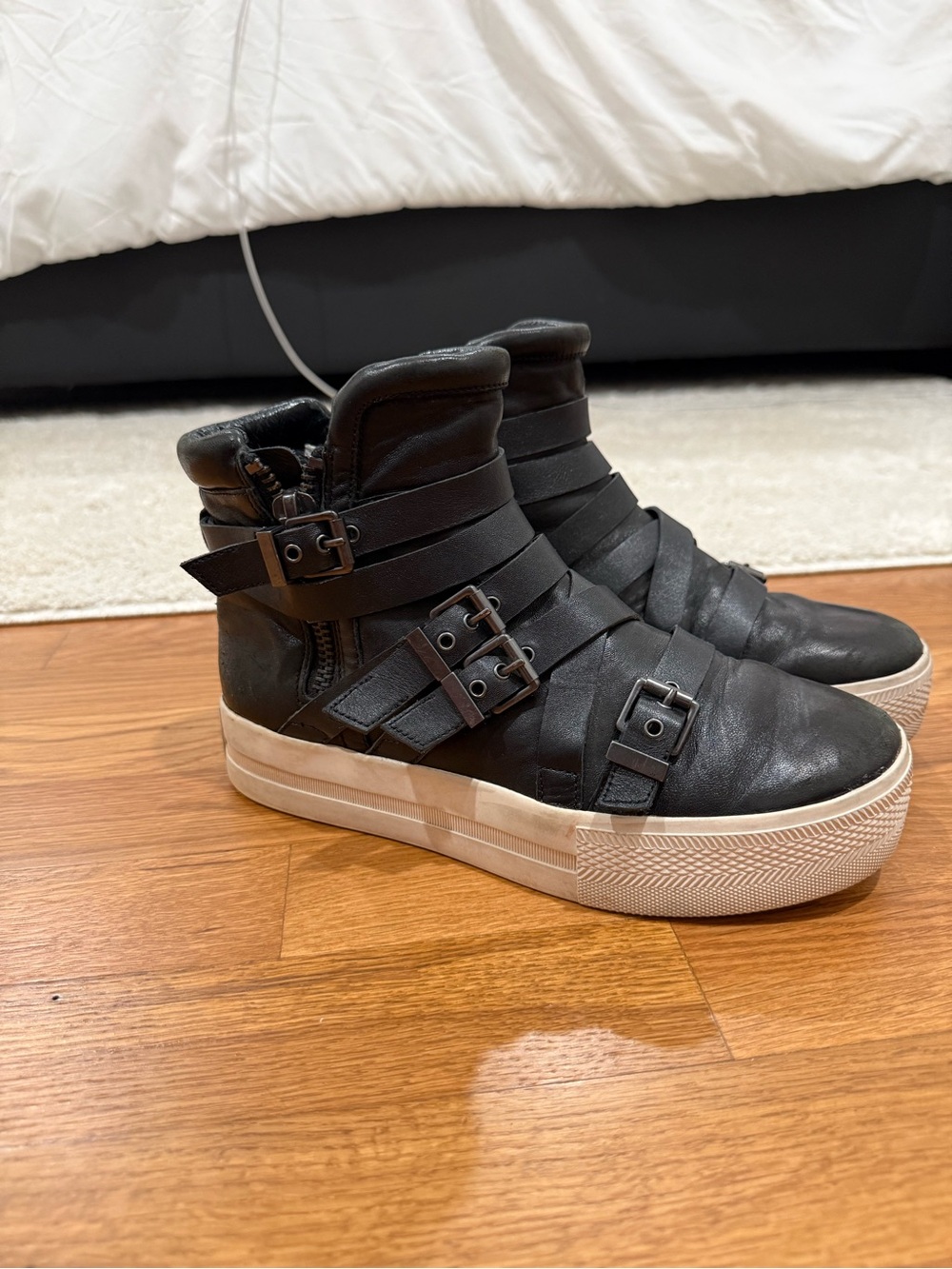 Ash Black Leather High-Top Buckle Strap Sneakers with White Platform